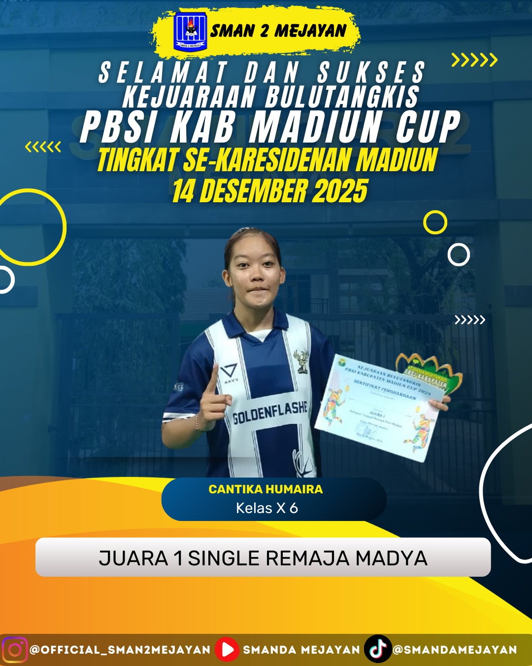 Juara 1 Bulu Tangkis Single Remaja Madya