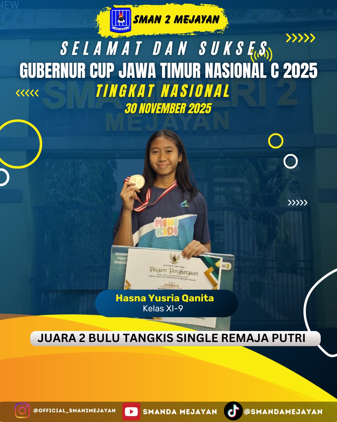 Juara 2 Bulu Tangkis Single Remaja Putri Tingkat Nasional