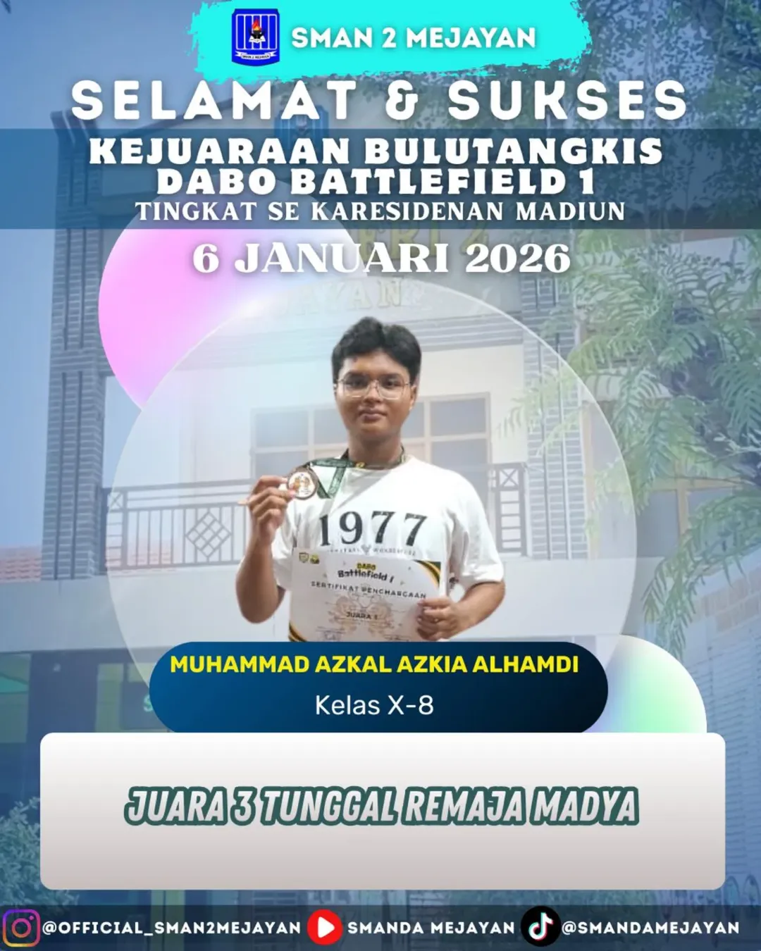 Juara 3 Tunggal Remaja Madya dalam Kejuaraan Bulutangkis Dabo Battlefield 1 Sekaresidenan Madiun.