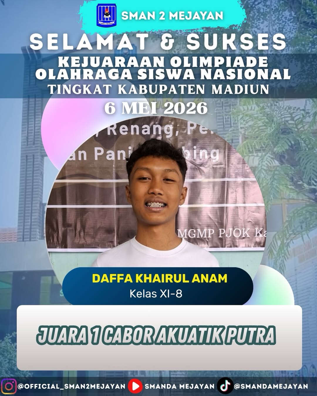 Juara 1 Cabang Olahraga Akuatik (Renang) Putra di Olimpiade Olahraga Siswa Nasional (O2SN) Tingkat Kabupaten Madiun
